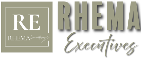 Logo for RHEMA Executives with large initials "RE" inside a square and the words "RHEMA Executives" in bold and script fonts on a black background.